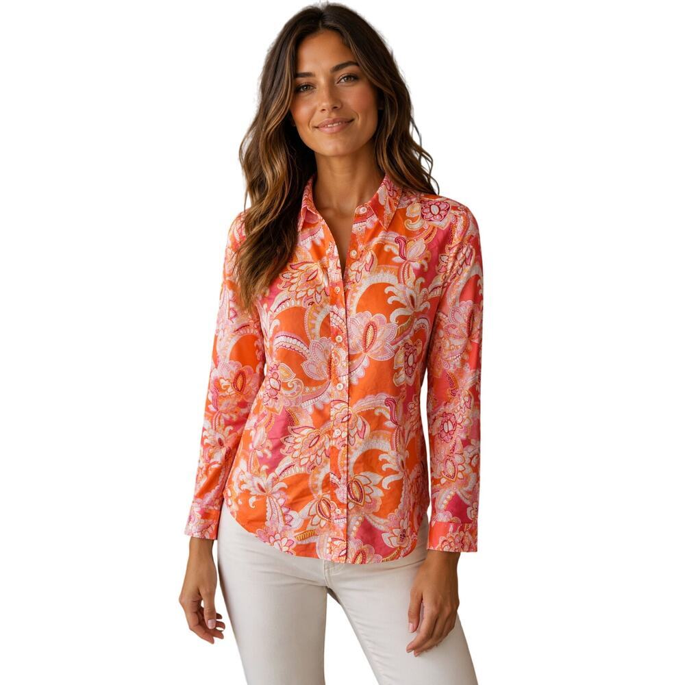 Talbots SP S PETITE bright floral lightweight career casual button up NWOT pink